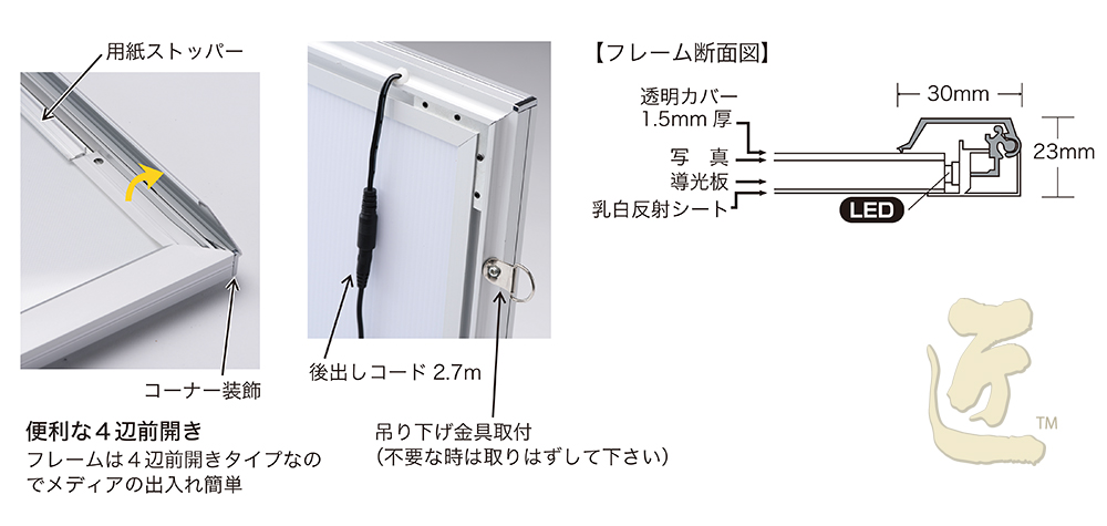 P318掲載　LEDアルミフレームパネルA4・ブラック（リモコン付）スペック画像１